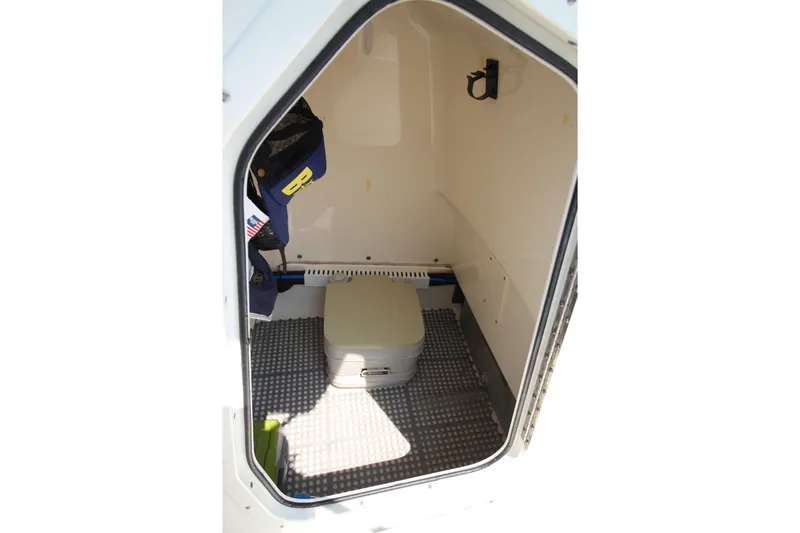 Slide: The Image of Interior of 2016 Boston Whaler 210 Dauntless boat, featuring a compact storage area. - 18