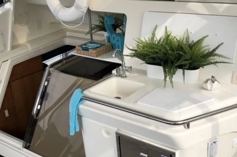 Slide: The Image of The 1997 Silverton 372 Motor Yacht features a well-equipped kitchenette with a sink and plants. - 22
