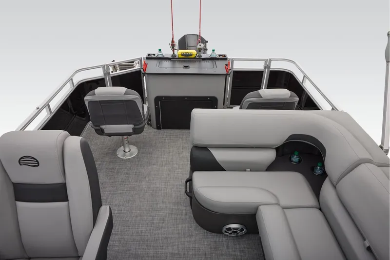 Slide: The Image of Manufacturer Provided Image: 2026 Sun Tracker SportFish 22 XP3 interior with gray seating and modern helm. - 57