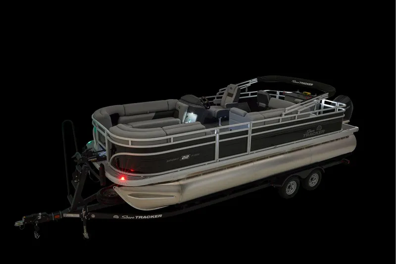 Slide: The Image of Manufacturer Provided Image: 2026 Sun Tracker SportFish 22 XP3 pontoon boat on trailer, side view. - 18