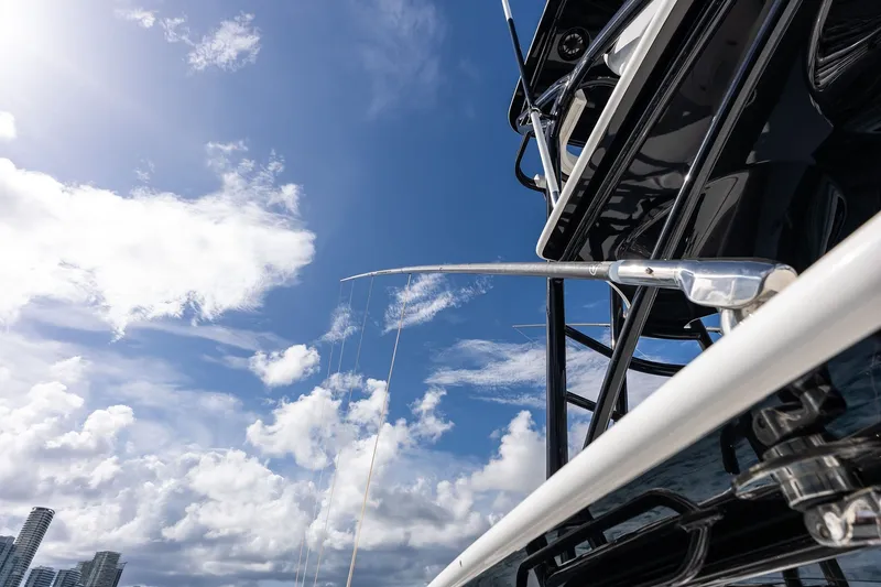 Slide: The Image of 2022 Valhalla V-41 yacht against a bright blue sky with clouds. - 48