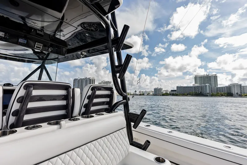 Slide: The Image of 2022 Valhalla V-41 boat interior with city skyline and water view. - 46