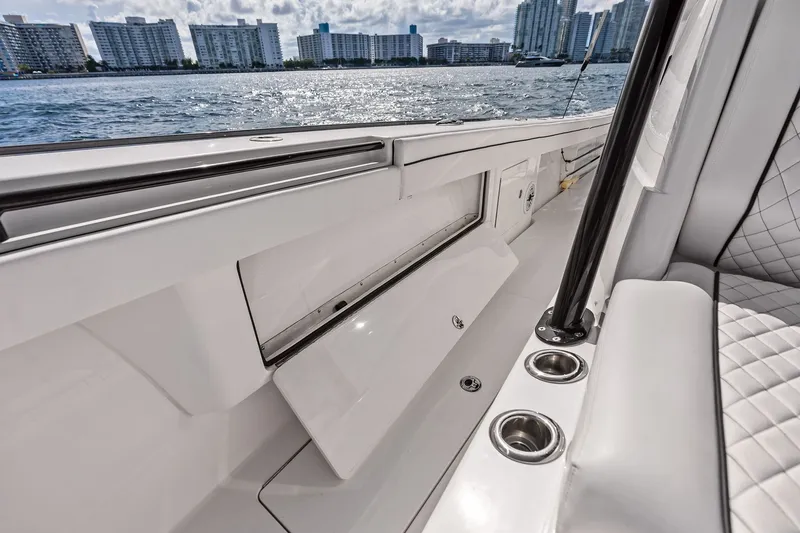 Slide: The Image of 2022 Valhalla V-41 boat interior with ocean view and modern seating. - 34