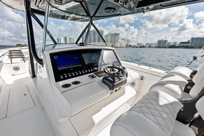 Slide: The Image of 2022 Valhalla V-41 boat cockpit with modern navigation system and luxurious seating. - 40