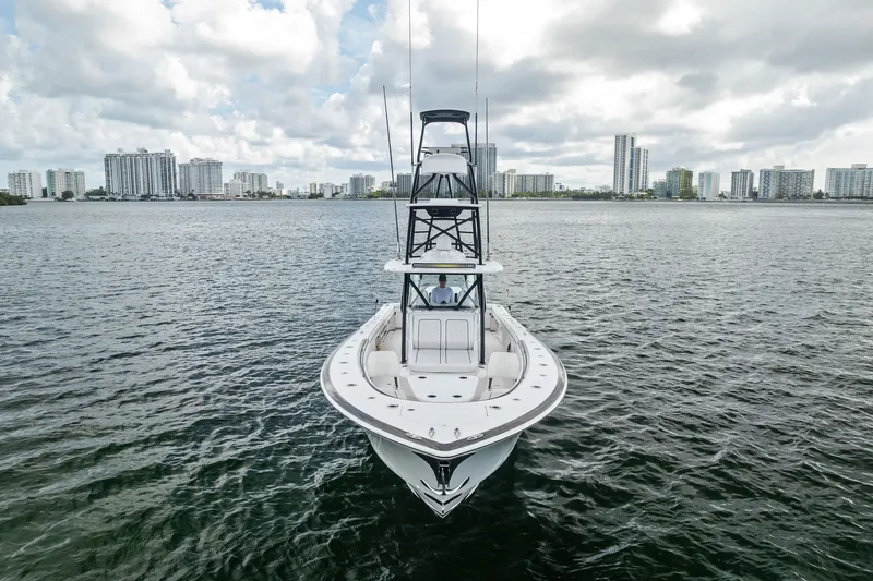 Slide: The Image of 2022 Valhalla V-41 boat on water with city skyline in background. - 6