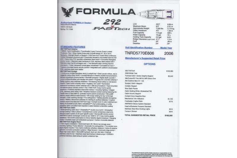 Slide: The Image of 2006 Formula 292 FASTech specifications and features sheet with pricing and options. - 15