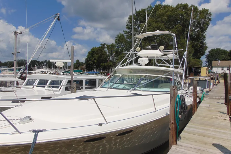 The Image of 1997 Sea Ray 370 Express Cruiser docked at marina under blue sky. - 3