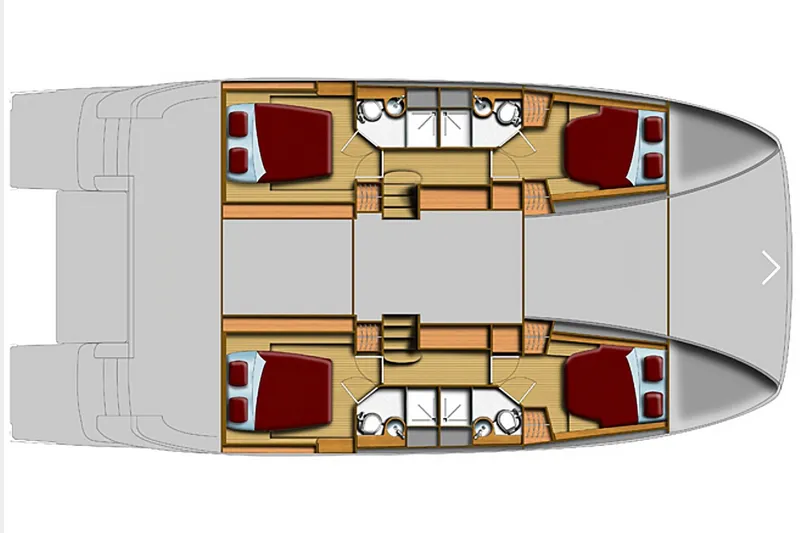 Slide: The Image of Floor plan of a 2016 Aquila 48 yacht, featuring four cabins and bathrooms. - 41