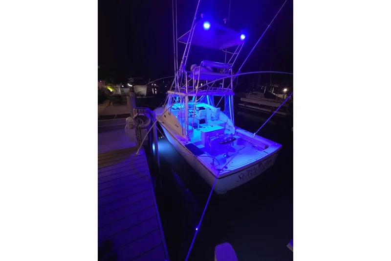 Slide: The Image of 2001 Pursuit 3000 Offshore boat illuminated with blue lights at night dock. - 5