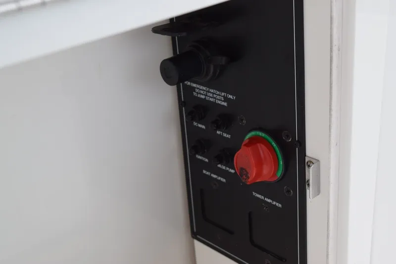 Slide: The Image of Control panel of a 2018 Monterey M-45 boat with emergency hatch lift switch. - 38