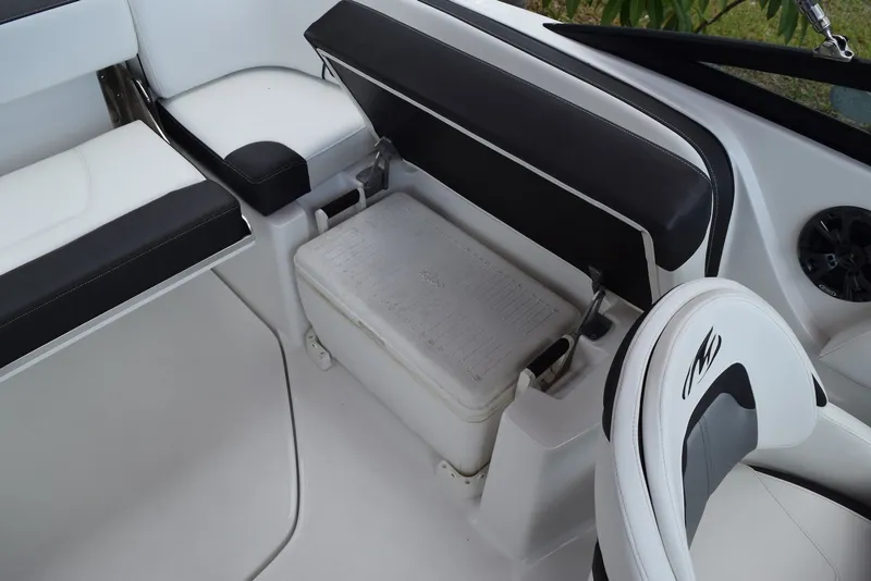 Slide: The Image of 2018 Monterey M-45 boat interior with seating and storage compartment. - 18