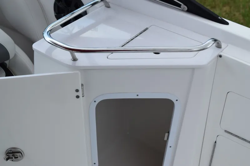 Slide: The Image of 2018 Monterey M-45 boat storage compartment with open door and stainless steel railing. - 25