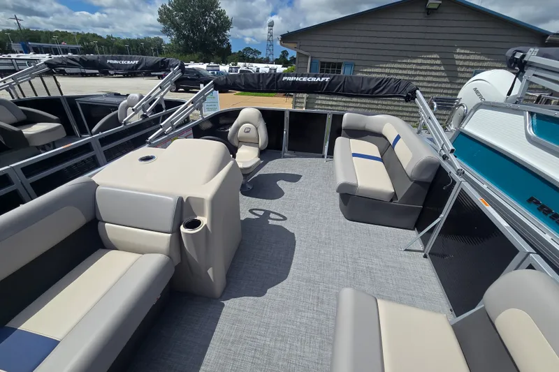 Slide: The Image of 2026 Princecraft Jazz 17 pontoon boat interior with spacious seating and modern design. - 6