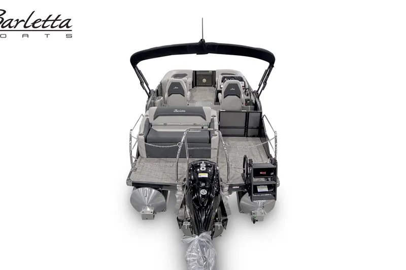 Slide: The Image of 2027 Barletta ARIA 20UC pontoon boat, rear view with seating and motor. - 6
