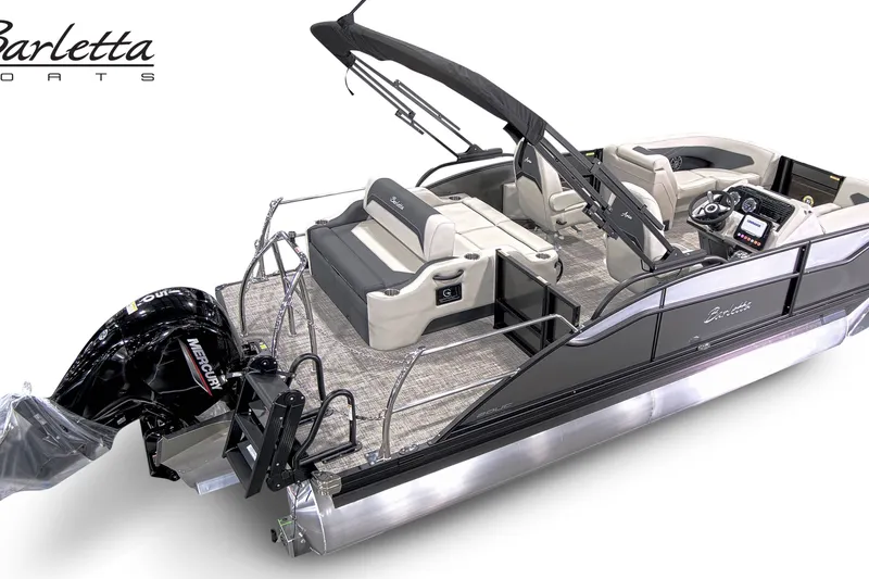 Slide: The Image of 2027 Barletta ARIA 20UC pontoon boat with modern seating and Mercury outboard motor. - 3