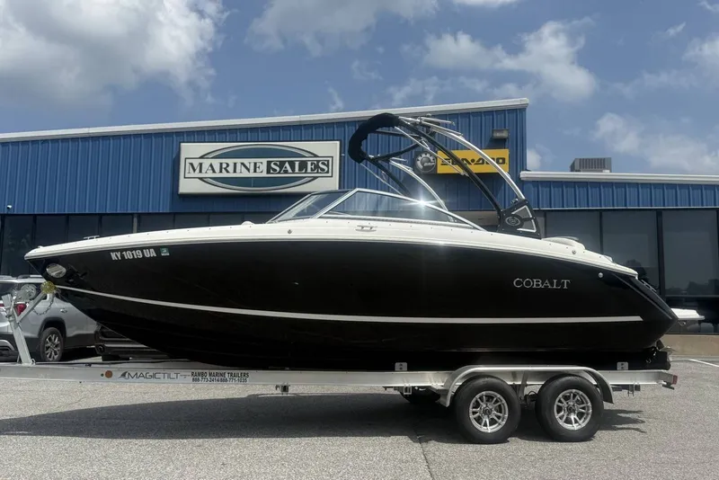 Slide: The Image of 2017 Cobalt R3 boat on trailer at Marine Sales dealership. - 35