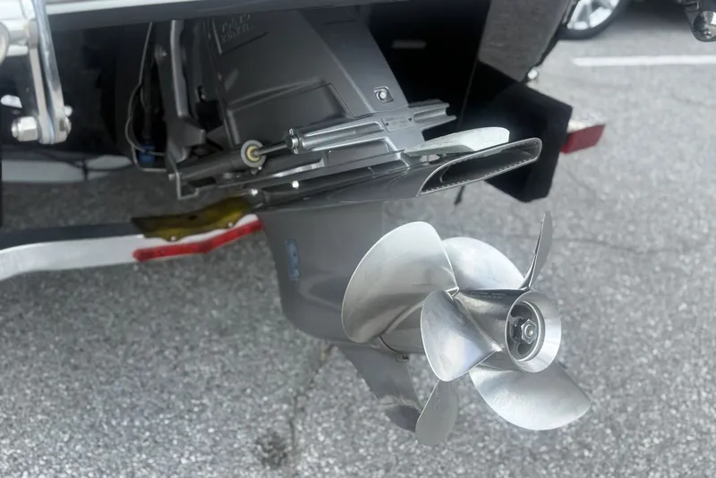 Slide: The Image of Close-up of a 2017 Cobalt R3 boat propeller on a trailer. - 4