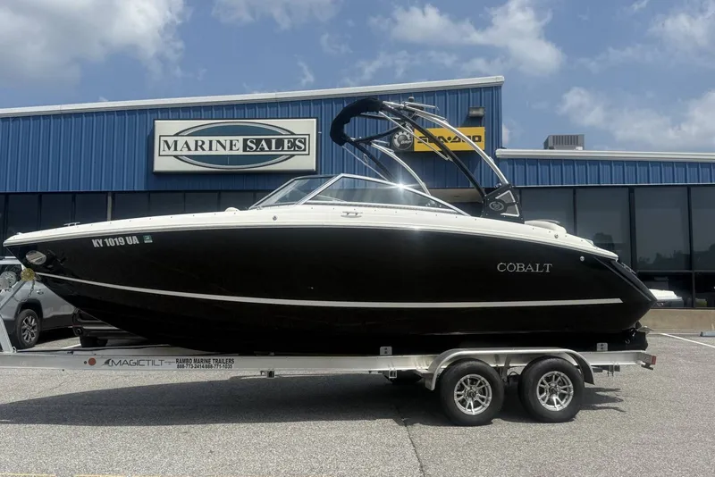 Slide: The Image of 2017 Cobalt R3 boat on trailer at Marine Sales dealership. - 2