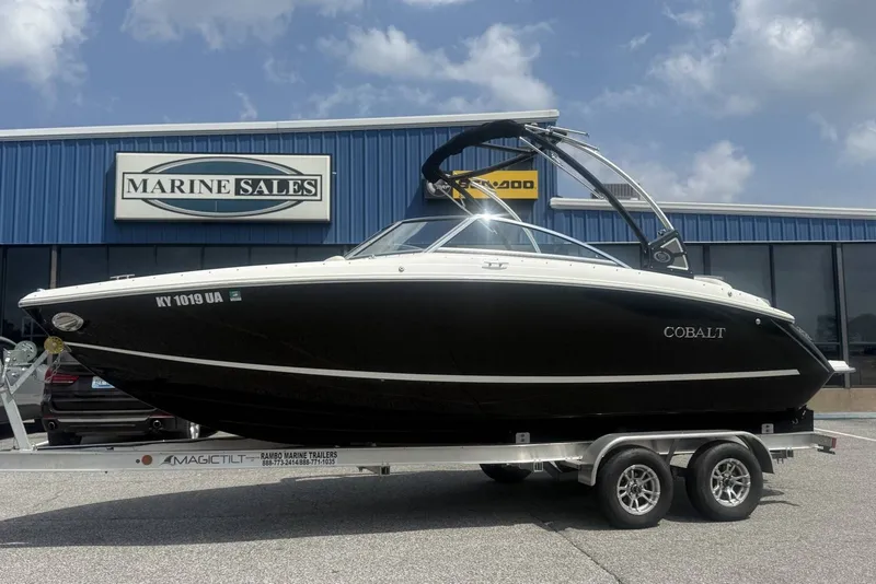Slide: The Image of 2017 Cobalt R3 boat on trailer at Marine Sales dealership. - 38
