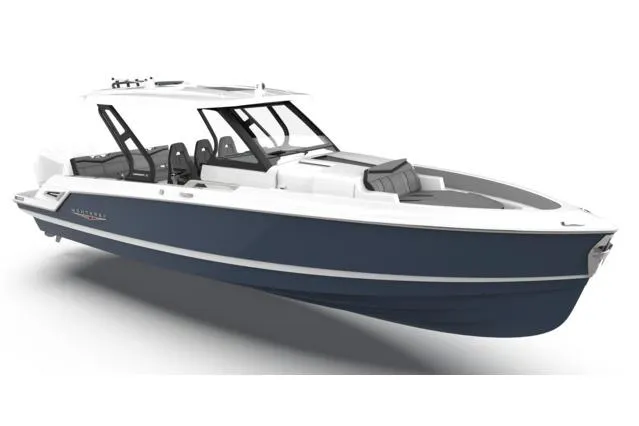 Slide: The Image of Manufacturer Provided Image: 2026 Monterey Elite 34 OB boat, sleek design, white and navy blue exterior. - 1