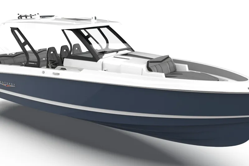 Slide: The Image of 2027 Monterey Elite 34 OB boat with sleek design and modern features. - 15