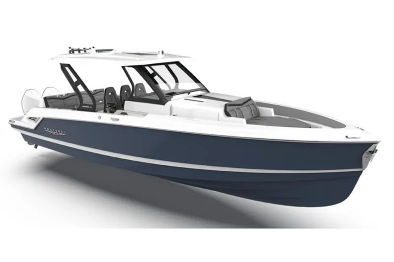 Slide: The Image of 2027 Monterey Elite 34 OB boat, sleek design, navy hull, spacious seating, modern features. - 7