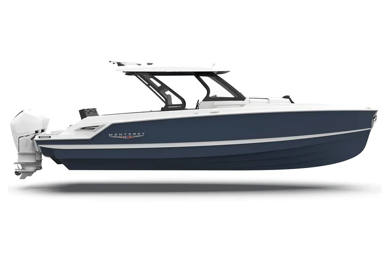 Slide: The Image of Manufacturer Provided Image: 2026 Monterey Elite 34 OB boat, sleek design, navy hull, outboard motor. - 0