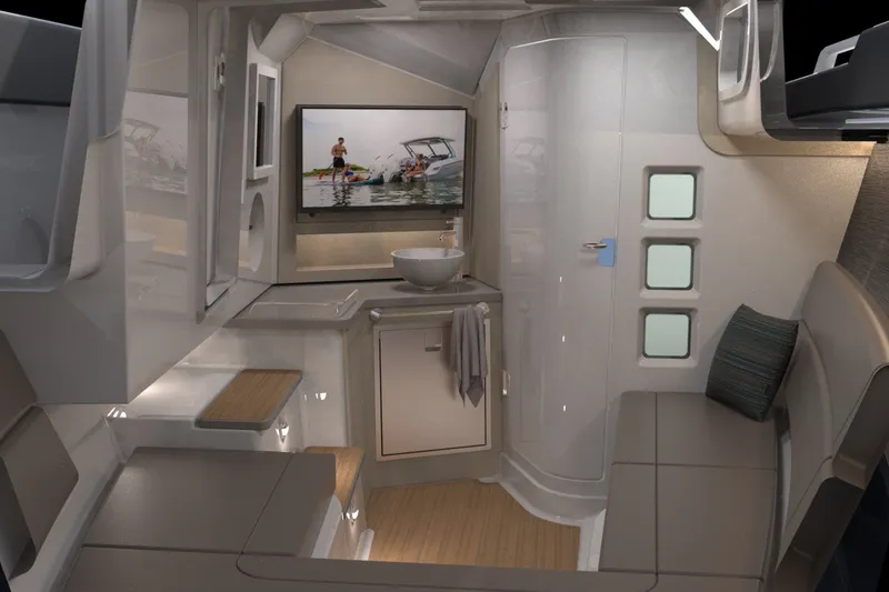 Slide: The Image of Luxurious interior of 2027 Monterey Elite 34 OB boat with modern amenities. - 14