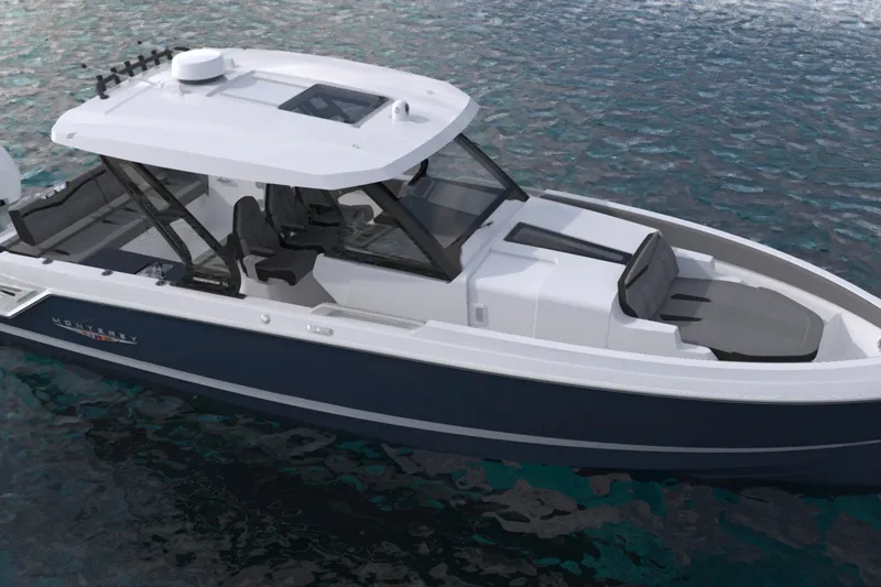 Slide: The Image of 2027 Monterey Elite 34 OB boat on water, featuring sleek design and modern amenities. - 12