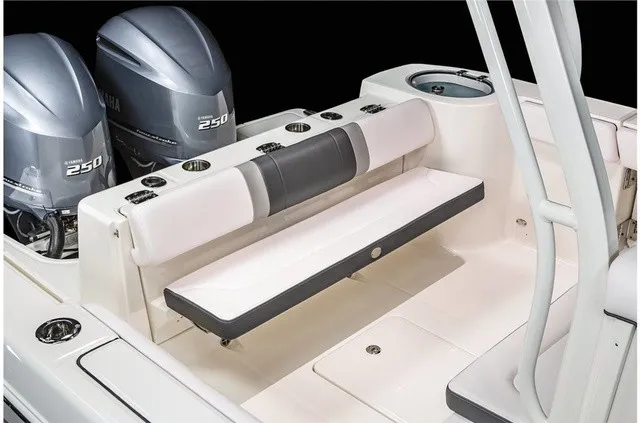 Slide: The Image of The 2021 Robalo R272 Center Console features a bench seat and two outboard engines. - 26