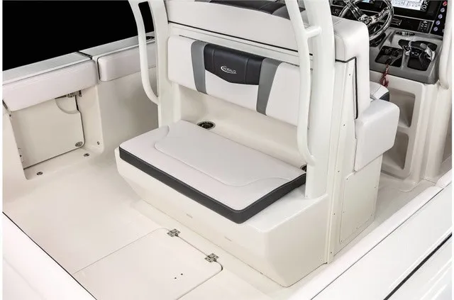 Slide: The Image of The 2021 Robalo R272 Center Console features a sleek white bench seat with gray accents. - 23