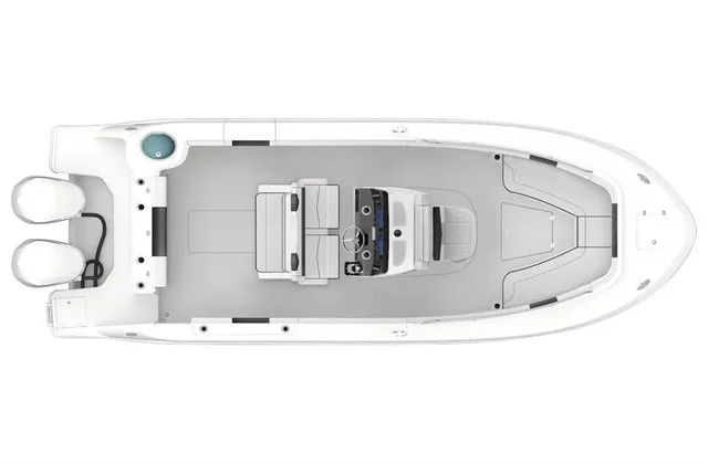 Slide: The Image of Top view of a 2021 Robalo R272 Center Console boat with spacious deck and dual engines. - 30