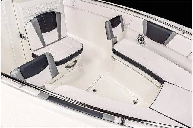 Slide: The Image of The 2021 Robalo R272 Center Console features sleek, cushioned seating with modern accents. - 18