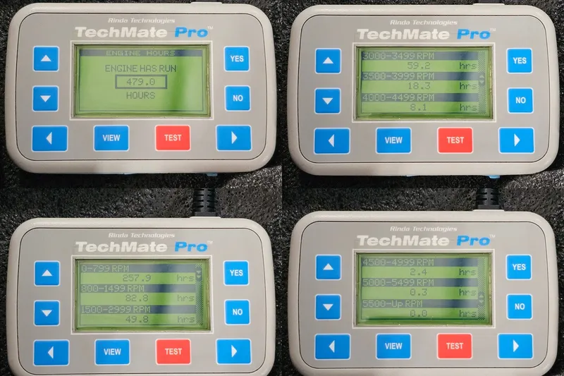 Slide: The Image of TechMate Pro diagnostic tool displaying engine hours and RPM data for 2010 Nor-Tech 4300V. - 111