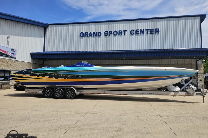 Slide: The Image of 2010 Nor-Tech 4300V powerboat on trailer at Grand Sport Center. - 15