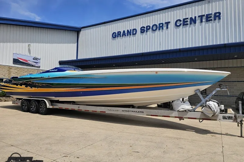 Slide: The Image of 2010 Nor-Tech 4300V powerboat on trailer at Grand Sport Center. - 16