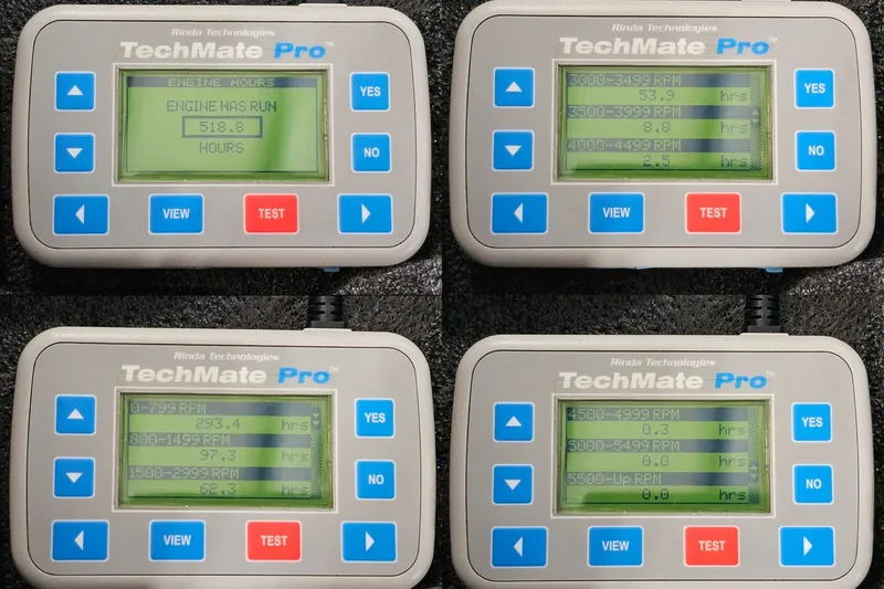 Slide: The Image of TechMate Pro engine diagnostic display showing RPM and hours for Nor-Tech 4300V, 2010 model. - 109