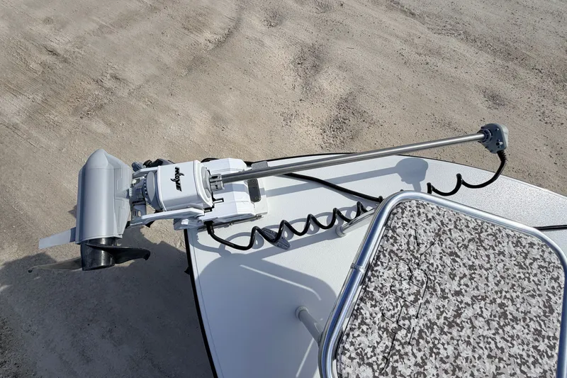 Slide: The Image of 2021 Hell's Bay Marathon boat with trolling motor on sandy terrain. - 36