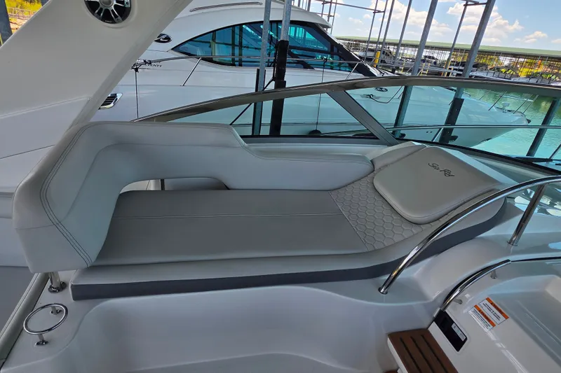 Slide: The Image of Luxurious seating on 2021 Sea Ray Sundancer 350 yacht, featuring sleek design and comfort. - 34
