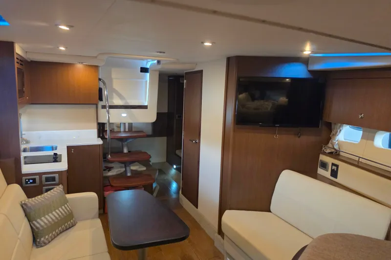Slide: The Image of Luxurious interior of 2021 Sea Ray Sundancer 350 yacht with modern amenities and elegant design. - 48