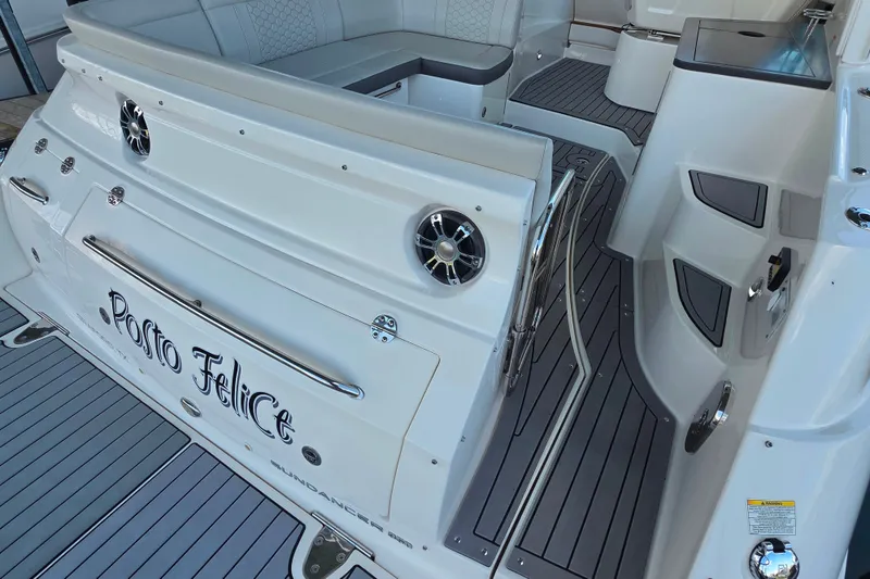 Slide: The Image of 2021 Sea Ray Sundancer 350 yacht interior with sleek seating and modern design. - 15