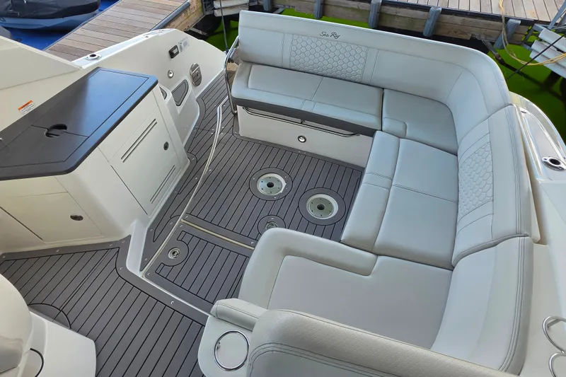 Slide: The Image of Luxurious seating area on 2021 Sea Ray Sundancer 350 yacht with elegant design. - 18