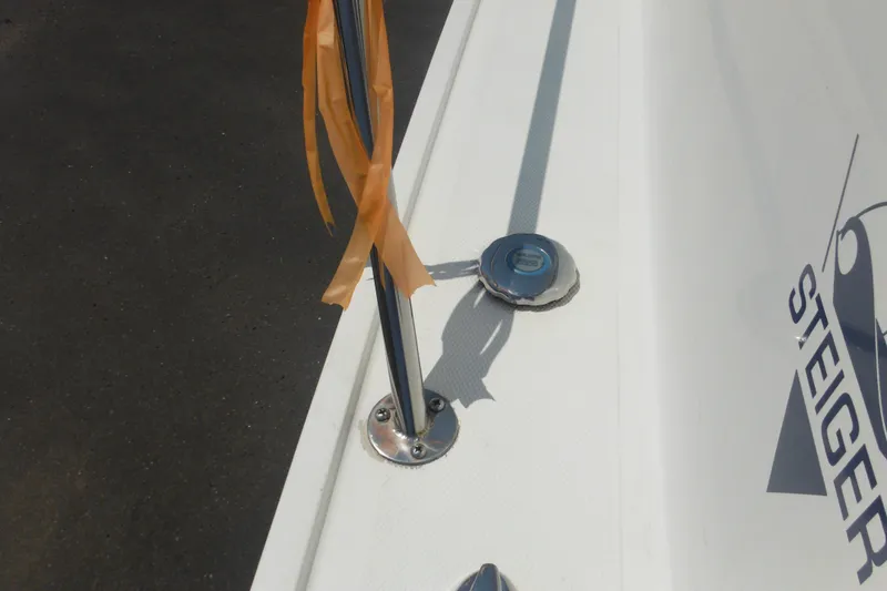 Slide: The Image of 2020 Steiger Craft 255 Miami boat deck with logo and railing detail. - 25