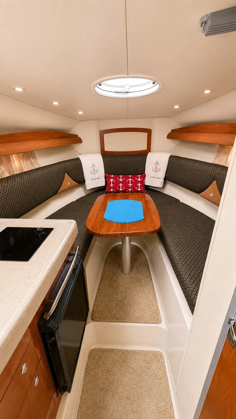 Slide: The Image of Interior of a 2006 Four Winns 278 Vista with cozy seating, wooden table, and porthole. - 6