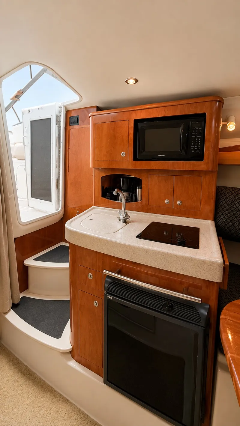 Slide: The Image of The interior view shows a well-equipped galley with a microwave, sink, and refrigerator. - 8
