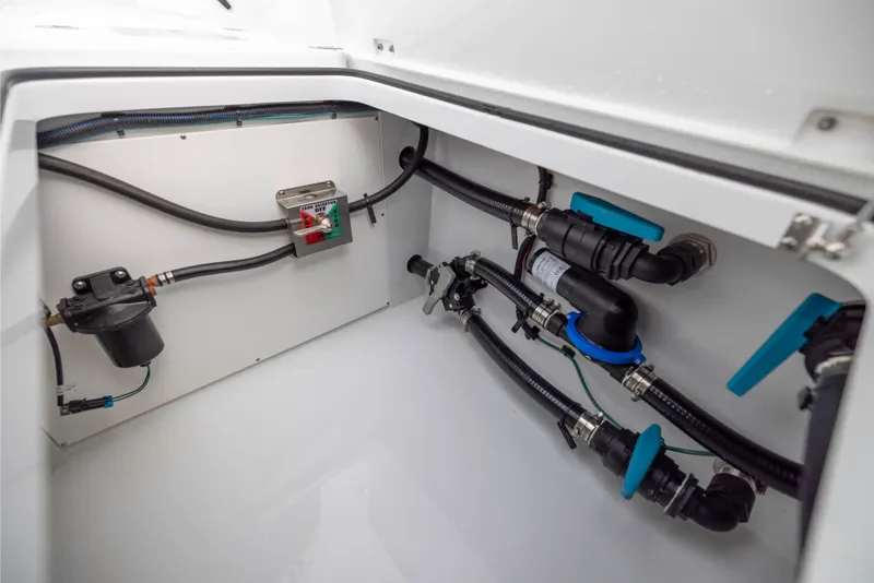 Slide: The Image of Freeman 35 (2025) boat plumbing system with hoses and fittings in a compartment. - 48