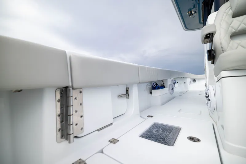 Slide: The Image of Freeman 35 boat interior, 2025 model, featuring sleek white design and modern fittings. - 46