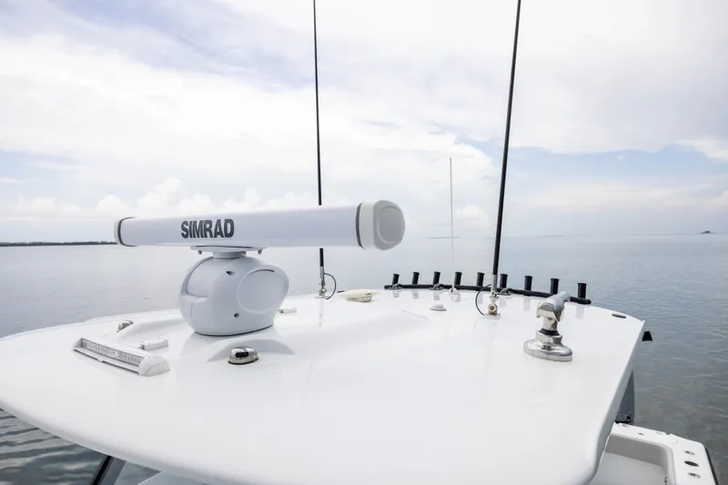 Slide: The Image of Radar equipment on Freeman 35 boat, 2025 model, with calm sea background. - 24