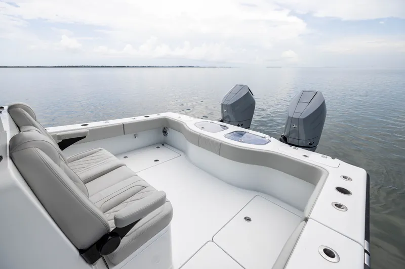Slide: The Image of Freeman 35 boat, 2025 model, with dual engines and spacious seating on calm waters. - 45