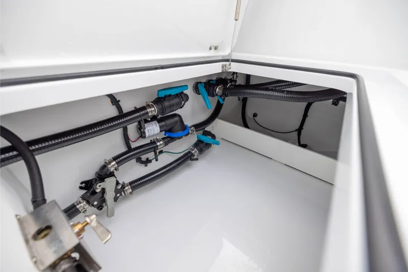 Slide: The Image of Freeman 35 (2025) boat plumbing system with hoses and valves in storage compartment. - 49
